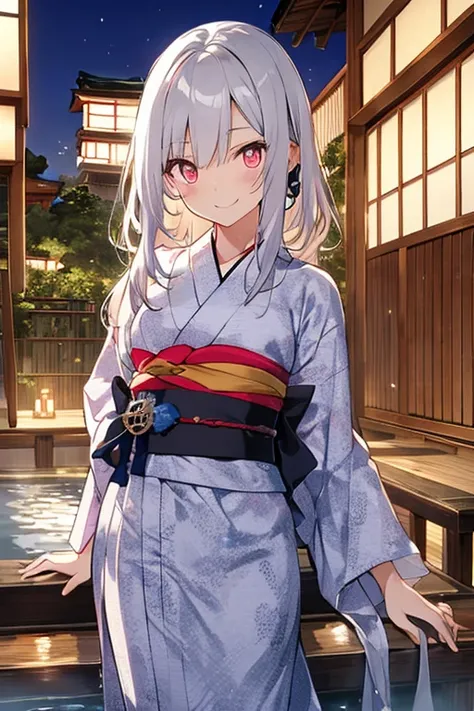 Anime girl,white hair,long hair,red pink eyes,(glowing eyes,)gothic,(((Japanese yukata))),(((onsen))),(((hot spring))),smile,