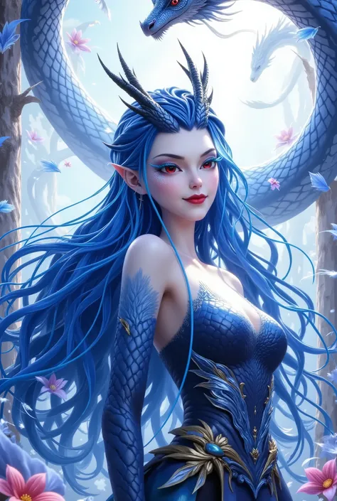 Noble and Elegant Dragon Princess,She will freeze magic, red eyes,Blue eyelashes,Dragon Horn。Prefer blue clothes。Dragon in the air。crystal darts,Examples of luminescence, ray tracing,Motion Capture。 Disney-style ,IG Model,Blue Elf, Detailed Fantasy Art ...
