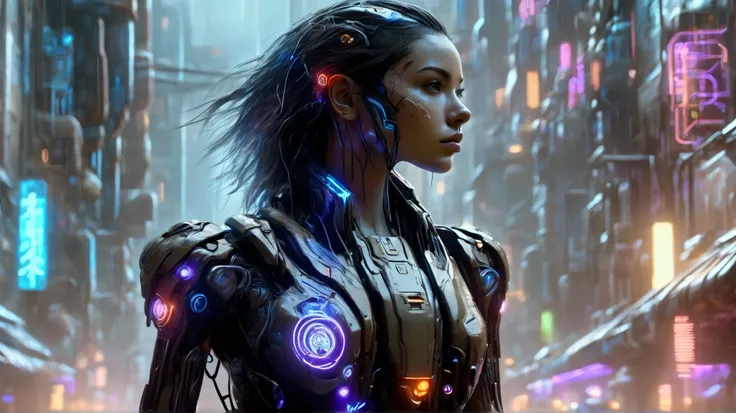 A fierce female cyborg stands in the neon-lit ruins of a futuristic dystopian city. Her sleek, metallic body glows with pulsating blue and purple lights, cables running along her arms. The rain-soaked streets reflect holographic billboards and massive indu...