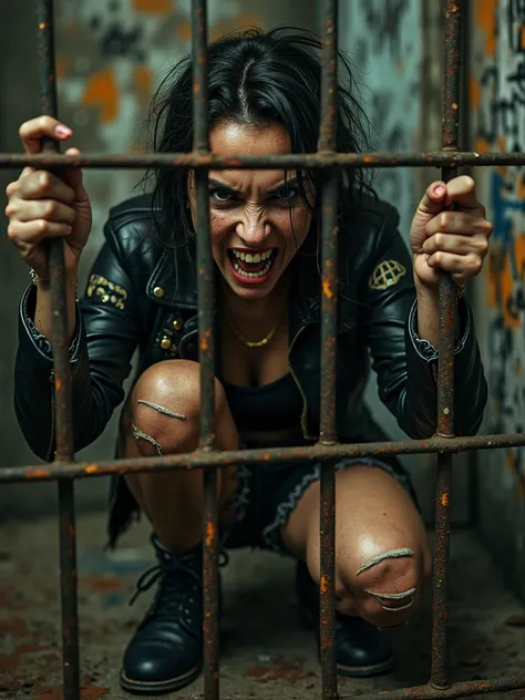 A rebellious punk woman trapped like a caged animal inside a rusted metal cage, crouched low with wild, desperate eyes, her hands gripping the bars tightly as if ready to pounce. Her face is twisted with a mix of rage and fear, teeth clenched, sweat and di...