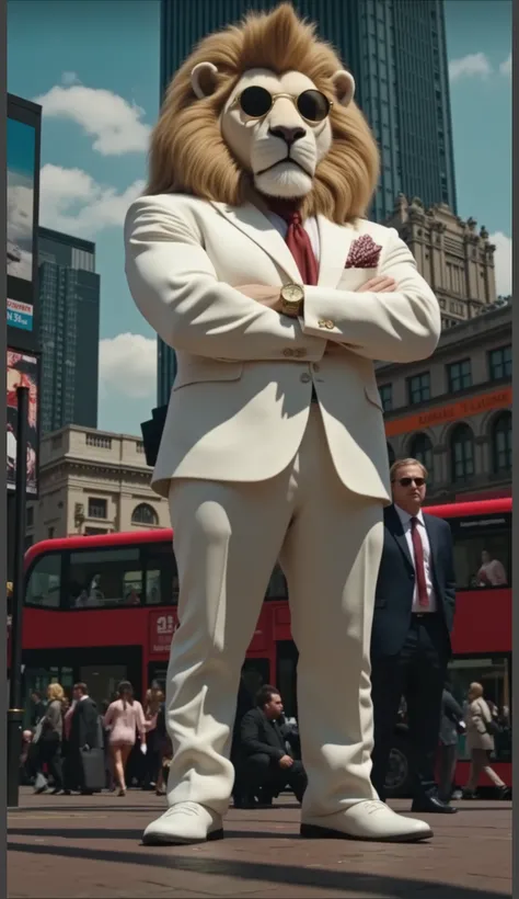 A towering humanoid lion with a regal mane, standing confidently in the middle of a bustling modern cityscape. He wears an impeccably tailored white suit, complemented by a crisp red tie and a gold wristwatch. His round, dark sunglasses add to his powerful...