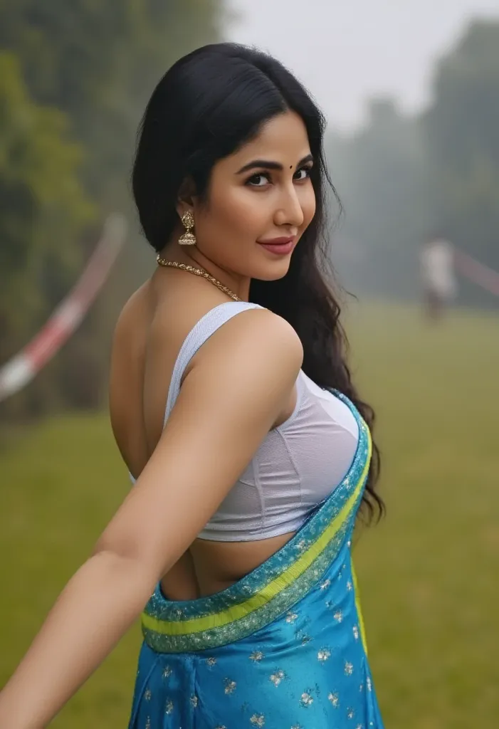 from bottom view, long shot photo of sexy indian, look at viewer and subtle smile, curvy athletic figure, open arms, sexy armpits, sweating, doing push ups in fog, ponytail, necklace, white see through lace bra, blue and green  saree with low necked blouse...