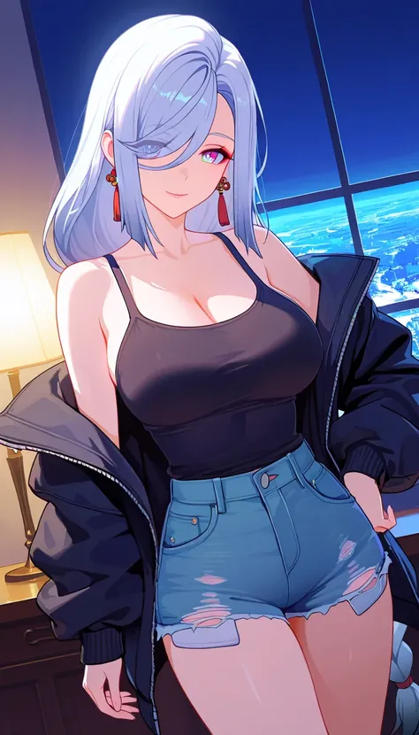 (masterpiece, best quality:1.2), 1 girl, alone, solo, baggy jacket, tank top, cut jean shorts, mature woman, alluring, lust, smile, andscape, plush irritated girl, hotel interior, desolate lava pit, flora, blue hour, infrared, diorama, deep green explosion...