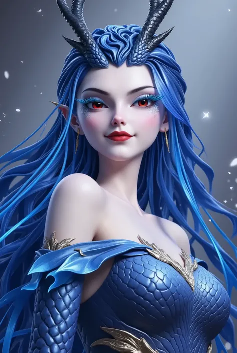 Noble and Elegant Dragon Princess,She will freeze magic, red eyes,Blue eyelashes,Dragon Horn, evil smile,bust。Prefer blue clothes。Dragon in the air。crystal darts,Examples of luminescence, ray tracing,Motion Capture。 Disney-style ,IG Model,Blue Elf, Detai...