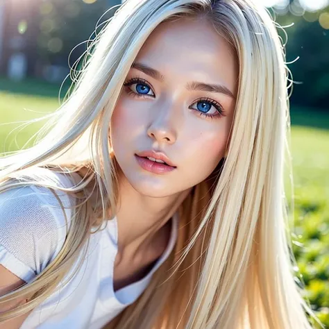  Unrivaled Beauty 、very beautiful beautiful super long platinum blonde silky hair, Beautiful bright look 、 lies down、Shiny, radiant, firm, moisturized, and shiny skin 、目の間のbangs、super long super long straight silky very light blonde、 big beautiful very bri...