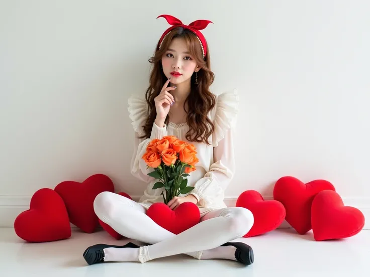  An 18-year-old Korean woman with a sculpted figure poses elegantly in a minimalist studio. She sits on the floor, legs gracefully apart, with a plush red heart between her thighs, creating a striking yet tasteful composition. Black lace-up heels add sophi...