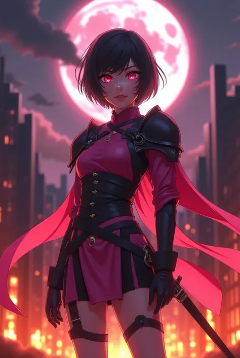 "4K anime style quality, digital drawing mode, a disciplined and stoic Holy Knight with short black hair, piercing pink eyes, wearing a pink and black outfit, standing in a city engulfed in flames with the moon casting an eerie glow above, full body, poise...