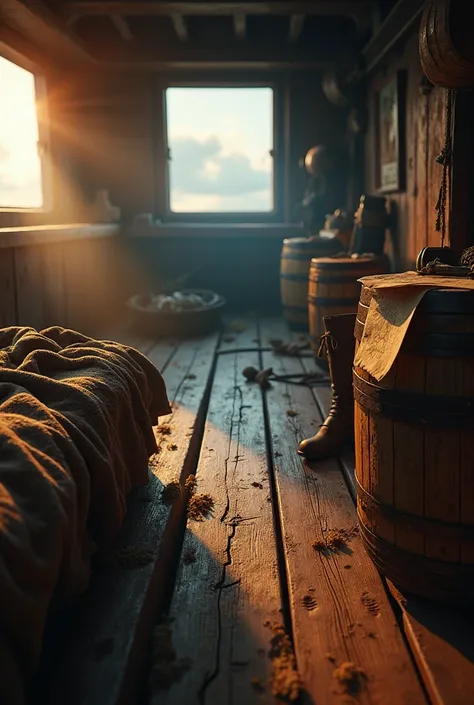 A first-person view of someone lying on a rough wooden bed with damp rags, lit by the warm glow of the morning sun through a window on the left. The floor is made of deck wood, and the person's booted feet are visible in the foreground, giving a realistic ...