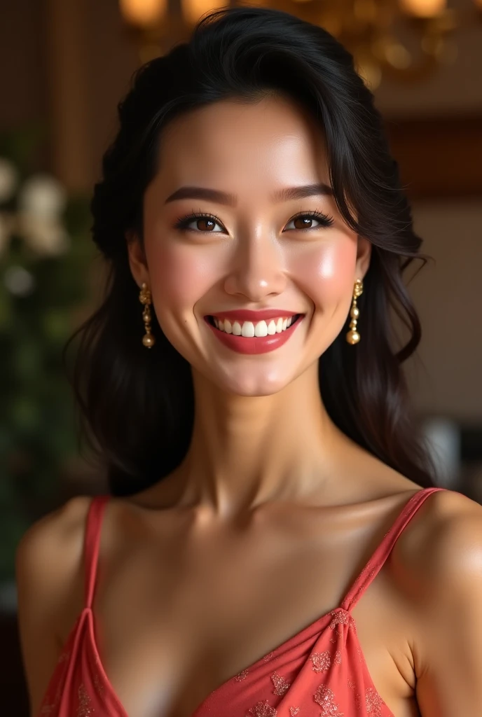 A woman is smiling in welldress.