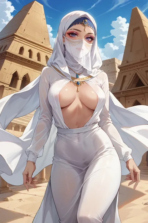 score_9, score_8_up, score_7_up, 1girl, silk hijab, face veil, white outfit,open cleavage, in Egypt, pyramids.