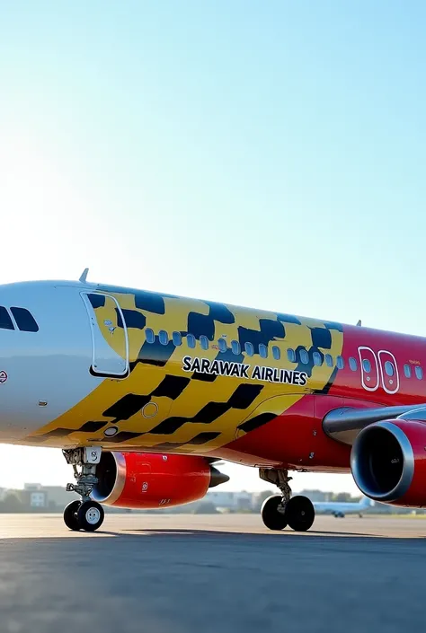 Put decals yellow ,black,red and word sarawak airline  on Airbus A320 neo 