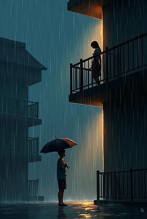 Rainy Night – Balcony Scene
(A stormy night, rain pouring down, the boy stands under an umbrella while the girl watches from the balcony.)
