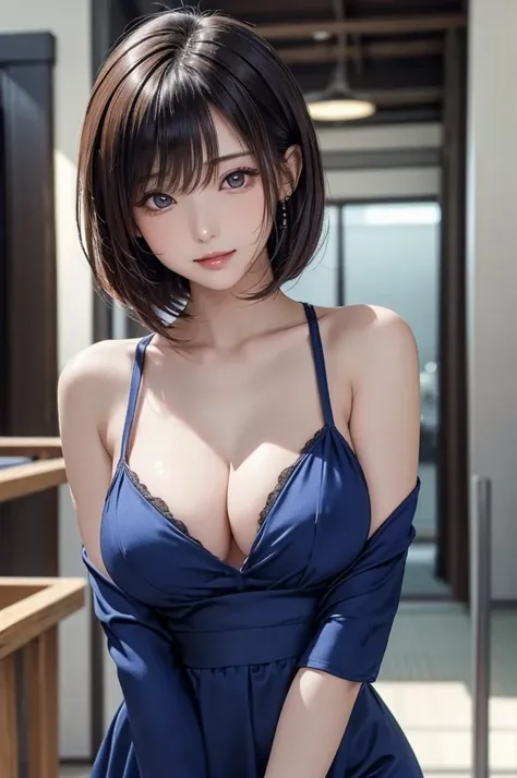 (masterpiece, Highest quality:1.2), 1girl, Pretty Japanese Idol woman, posing for a picture in a blue dress, straight bob hair, Ultra-detailed eyes, beautiful detailed face, beautiful glossy lips, beautiful breasts, Glowing Skin