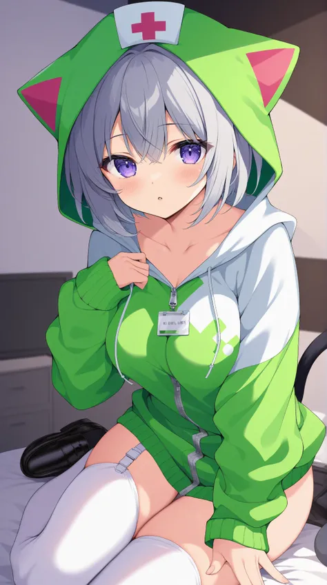 (masterpiece, best quality:1.3), (absurdres absolutely resolution), (8k), (detailed beautiful face and eyes), (detailed illustration), (super fine illustration), Creeper, animal hood, grey hair, short hair,hair between eyes,blue eyes, collarbone,green hood...