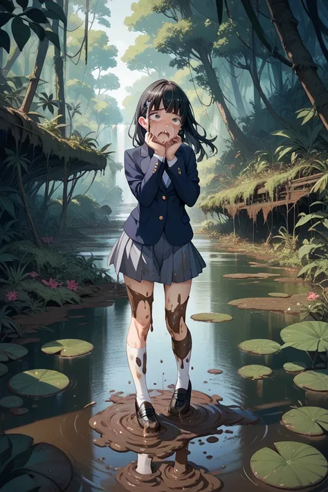  high school girl, blazer covered in mud,Skirt covered in mud,White socks covered in mud,black loafers covered in mud, long black hair, crying face, Jungle,Swamp,walk