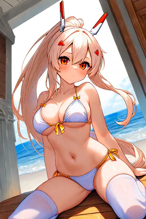 ayanami、ayanami、 azur lane、Characters appearing in the ship personification game 「 azur lane」 of 、 ponytail、 yellow gold、 white high knee socks 、Urban area、Urban Area、In-game combat uniforms、Fight enemies using in-game weapons、 white bikini swimsuit 、Seasi...