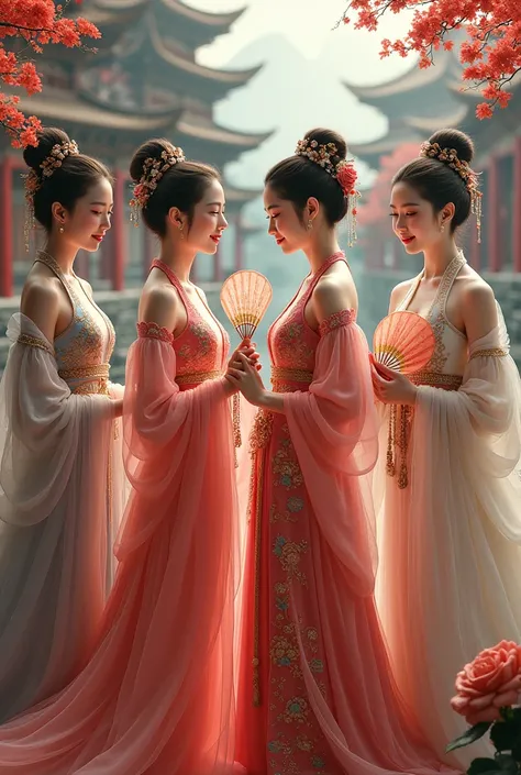 Design a few beautiful women wearing costumes from various feudal dynasties in ancient China