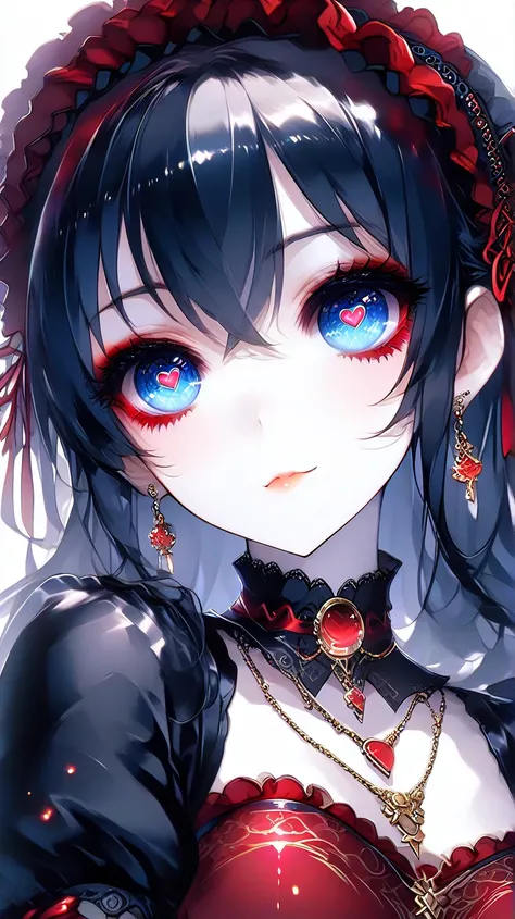 An HD scene of a pale  girl with long black hair, black eyeliner, crimson eye makeup, with bright dark blue eyes with gold glitter, heart-shaped pupils, wearing a crimson gothic dress with gold details, high detail, high quality, best quality, masterpiece,...