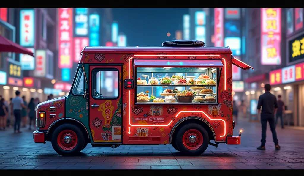 An Osaka food truck that sells energy-infused bento boxes with glowing ingredients. no human empty place.