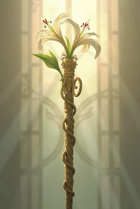 Realistic depiction of a lily staff, with intricate details showing the wooden texture of the staff and delicate white lily flowers blooming at the top. The staff is portrayed with a sacred and symbolic aura, illuminated by soft, divine light against a neu...