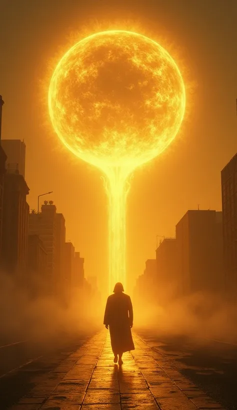  an incandescent figure of an illuminated man walks through a city and above the horizon stands a figure of a golden circle that waters the entire scene with golden light, everything looks like a dreamlike painting and profound sacred mystery 