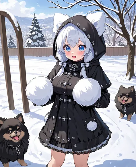  top quality, cute, girl, twin tails ,blue eyes, loli,Big Breasts, Pomeranian,snow,Play outside,Gothic hood coat,