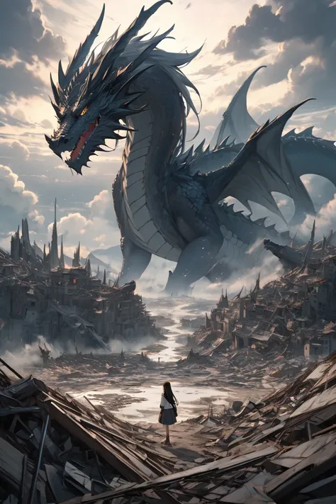  Masterpiece, Highest Quality,8k,A world people can't imagine, one girl, standing alone on the devastated earth,Cloudy sky and clouds in the shape of a dragon, extremely detailed,A world without salvation, sad expression ,Retro,Ignoring reality, long hair