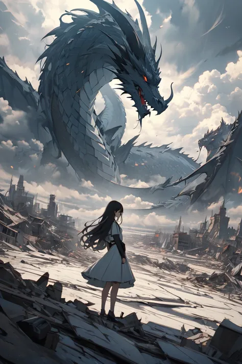  Masterpiece, Highest Quality,8k,A world people can't imagine, one girl, standing alone on the devastated earth,Cloudy sky and clouds in the shape of a dragon, extremely detailed,A world without salvation, sad expression ,Retro,Ignoring reality, long hair