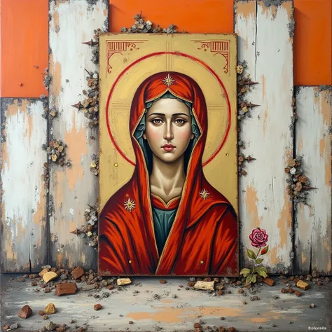  Acrylic Painting 、abstract painting style 、( Russian icon tall paint )、Russian icons are realistic and delicate 、 The background has decayed boards stacked side by side、There are few boards、 The background board is pale orange and white 、(( The Russian ic...