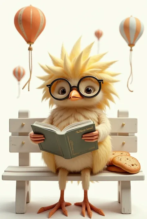 Make an image for me that shows a bird with a blonde wig and round glasses eating whole wheat bread of kites and reading the book of invisible sitting on a white bench alone