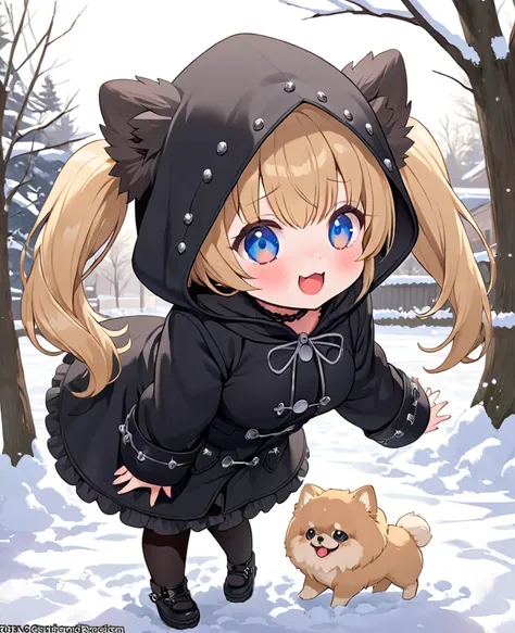  top quality, cute, girl, twin tails ,blue eyes, loli,Big Breasts, Pomeranian,snow,Play outside,Gothic hood coat,She's wearing tights,