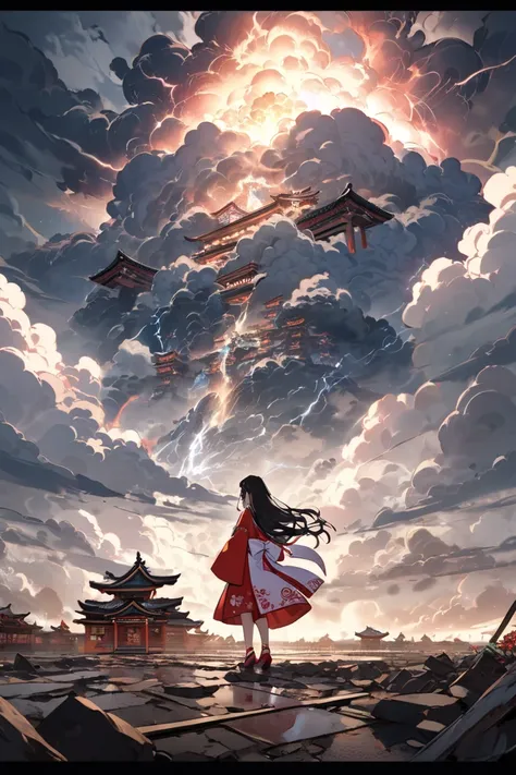  Masterpiece, Highest Quality,8k,A world people can't imagine, one girl,Shrine maiden,thunder, dazzling flash , standing alone on the devastated earth,It took the shape of a muddy sky and a dragon(((cloud)))), extremely detailed,A world without salvation, ...