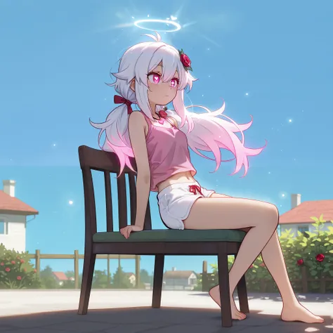 masterpiece, best quality, very aesthetic, awa, absurdres, Sakamoto Days, CartoonyIllustrious, anime studio, hdr, 1girl, solo, , slender, white halo, glowing halo, outdoors, sun, blue sky, plants, morning, chair, sunlounger, house, house fence, Home Page, ...