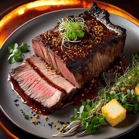 A super realistic gourmet-style image of a large, juicy beef rib slow-cooked over embers, served on a plate with the bone attached. The meat has a rich, caramelized crust and glistens with succulence. Accompanying the rib are golden, tender mandioca (cassa...