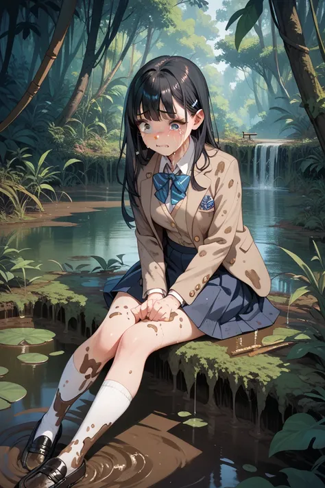  high school girl,Muddy blazer,Skirt covered in mud, white socks covered in mud,black loafers covered in mud, long black hair, crying face, Jungle,Swamp,walk,Sitting cross-legged