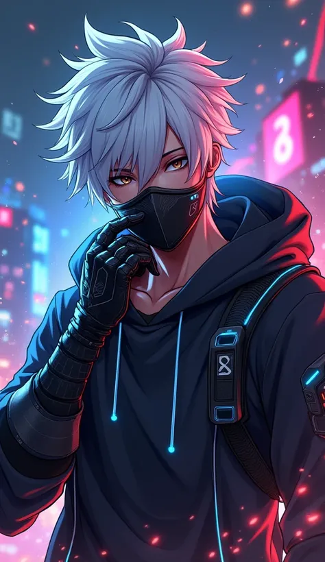 A highly detailed anime-style Free Fire-themed logo featuring a mysterious male character with an intense, competitive aura. He has messy white hair that flows slightly with movement and sharp, dark eyes that radiate confidence and mystery. His face is par...