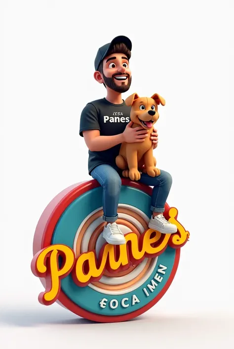 Create a 3D illustration of an animated character sitting casually on top of a "Melhor gestor do mundo" social media logo. The character must wear a black shirt with the name Panes. wearing a cap, light skin, goatee, jeans and white sneakers White backgrou...