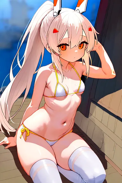 ayanami、ayanami、 azur lane、Characters appearing in the ship personification game 「 azur lane」 of 、 ponytail、 yellow gold、 white high knee socks 、Urban area、Urban Area、In-game combat uniforms、Fight enemies using in-game weapons、 white bikini swimsuit 、 smal...