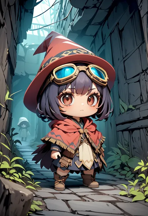 Anime-style chibi character wearing goggles and hat,poncho,expedition, (The underground kingdom),dark, scary, spooky place, underground labyrinth,dark, scary, spooky place, underground labyrinth, dark, scary, spooky place, underground labyrinth,  very deta...