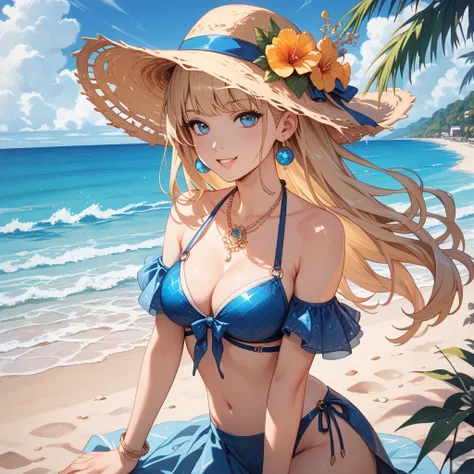 Anime-style illustration of a 'French beauty' on the Côte d'Azur beach. The character is wearing a modern bikini with blue and white geometric patterns, adding an artful accent. The background features a vivid blue sea and shining golden sand. The illustra...