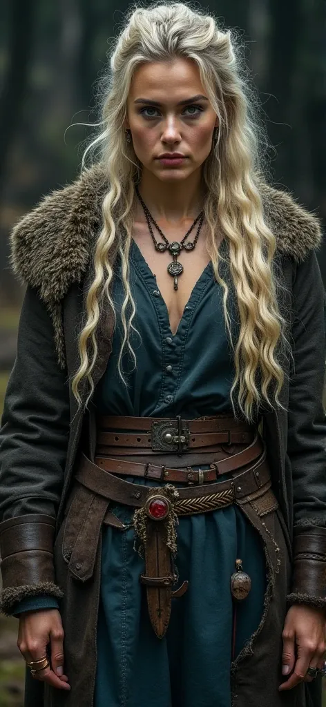 a viking woman in a dirty dark blue blouse holding a short dagger, dirty blonde hair with cascading locks, tumblr, tattered leather coat, medieval Viking belt, , wolf fang pendants chained to belt, Viking necklace, red stone ring, moon pendant, body paint,...