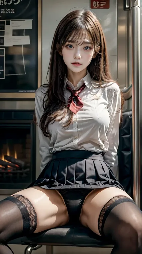 8k, (masterpiece, best quality:1.3), (Very detailed:1.2), perfect anatomy, beautiful Japanese woman sitting in front of fireplace, 18age, College Student, Healthy Thighs, beautiful feet, beautiful skin, random hair color, random hairstyle, Big Breasts, (Sp...