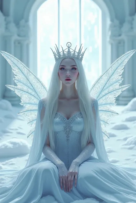 An ice queen with crown and infinity symbol and wings sitting peacefully 
