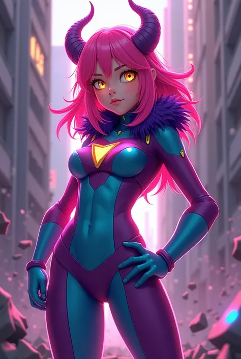 "4K anime style quality, digital drawing mode, an energetic and lively hero with wild pink hair, bright yellow eyes, and small horns, wearing a purple and turquoise hero suit with a fluffy collar, standing in a destroyed city street with debris, full body,...