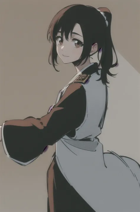       Masterpiece,   top quality ,
  one girl from the side ,   romantic love ,    black hair,  single ,  Ponytail, Vancouver,   brown eyes,
 Hair bangs,
   kimono, white sleeveless coat ,Captain's coat without white sleeves,  black  kimono ,
smile,  alone...