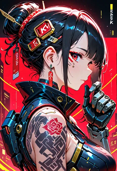 Smooth Quality, 1girl, solo, cyberpunk armor, black hair, earrings, from side, hair bun, hair ornament, jewelry, looking at viewer, red eyes, tattoo, upper body, mechanical hand,