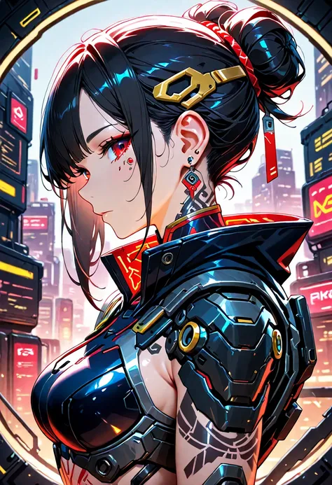 Smooth Quality, 1girl, solo, cyberpunk armor, black hair, earrings, from side, hair bun, hair ornament, jewelry, looking at viewer, red eyes, tattoo, upper body, mechanical hand,