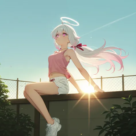 masterpiece, best quality, very aesthetic, awa, absurdres, Sakamoto Days, anime screencap, anime studio, hdr, 1girl, solo, slender, white halo, glowing halo, ahoge, outdoors, sun, blue sky, plants, morning, 1sunlounger, house, house fence, Home Page, flowe...
