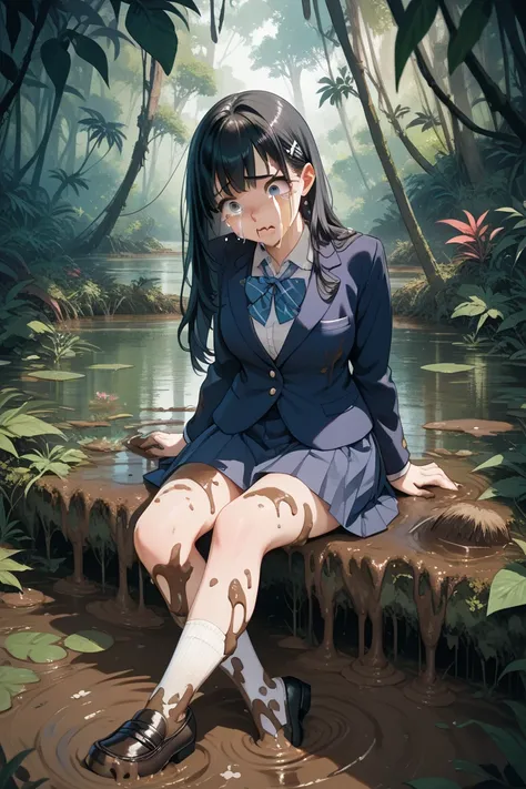  high school girl, blazer covered in mud,Skirt covered in mud,White socks covered in mud,black loafers covered in mud, long black hair, crying face, Jungle,Swamp,Sitting cross-legged