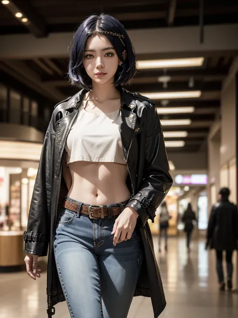 Smile, walking, talking to viewer, mall, ((midriff, navel)), (long leather trench coat, black crop top, long low-rise jeans, golden belt), (high details, cinematic lighting, 2k, 4k, highres), (kujou sara:1.3), mask on head, blue hair, short hair, yellow ey...